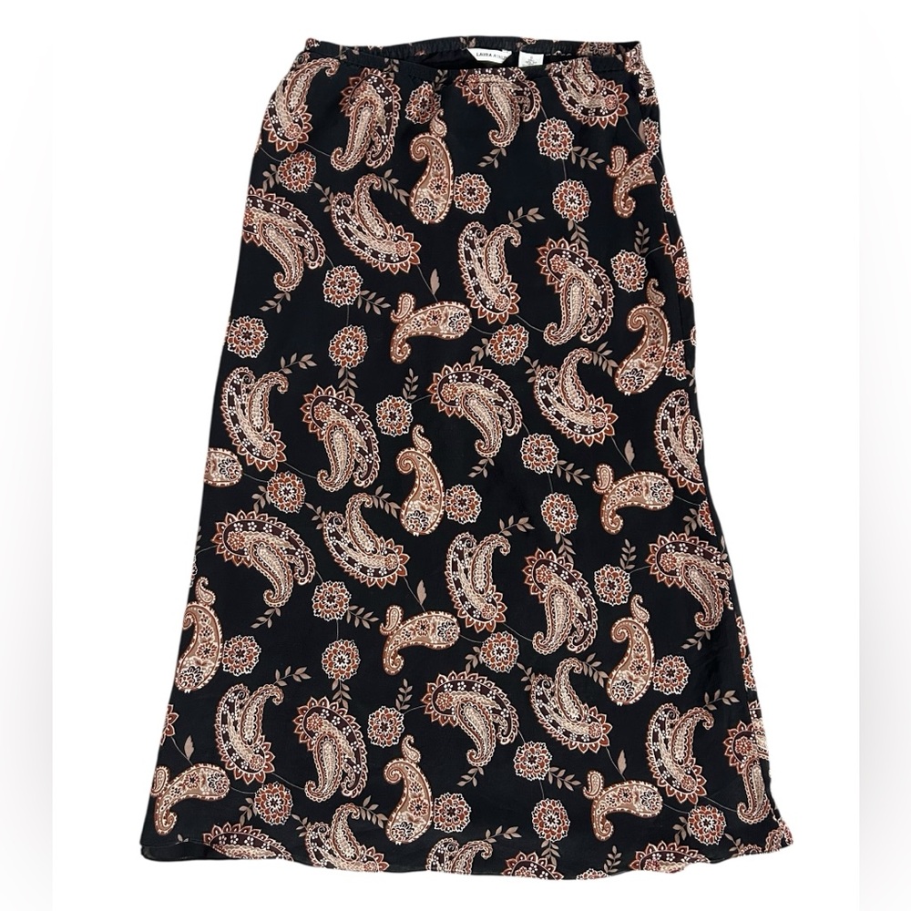 Vintage Laura Ashley Black & Brown Paisley 100% Silk A-Line Maxi Skirt